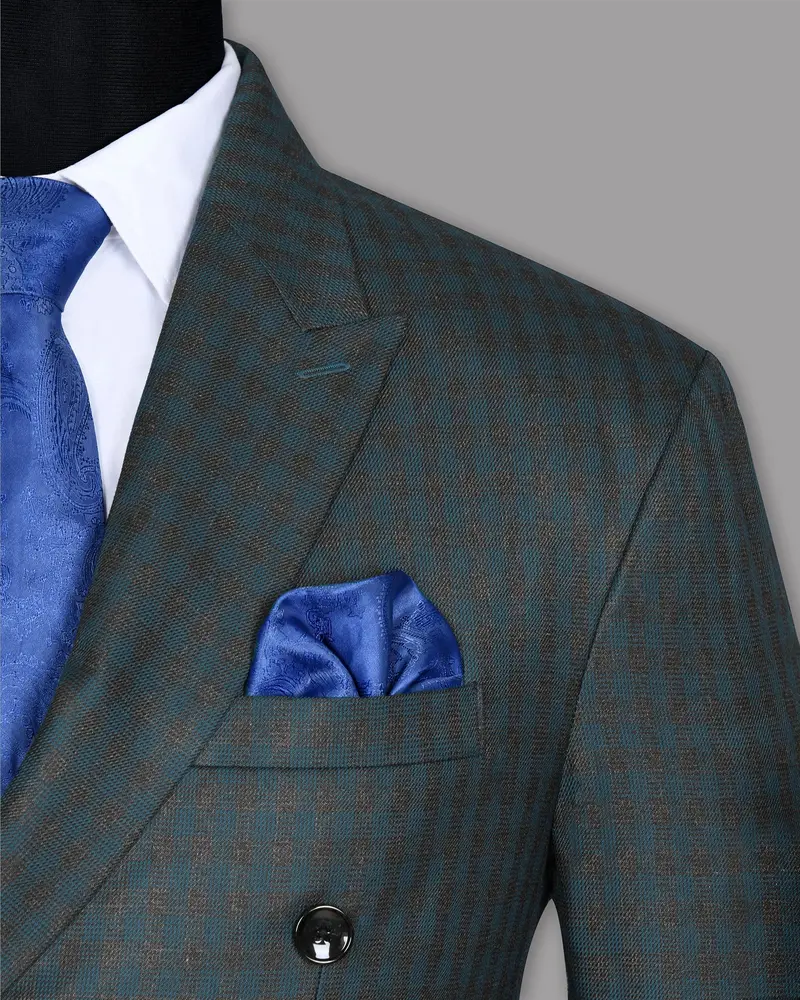 Charcoal With Sapphire Blue Checked Wool Blend Double Breasted Blazer 5