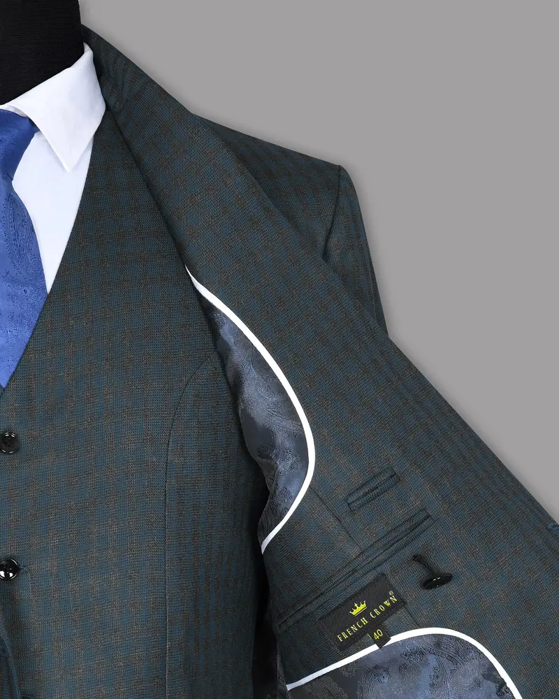 Charcoal With Sapphire Blue Checked Wool Blend Double Breasted Blazer 6