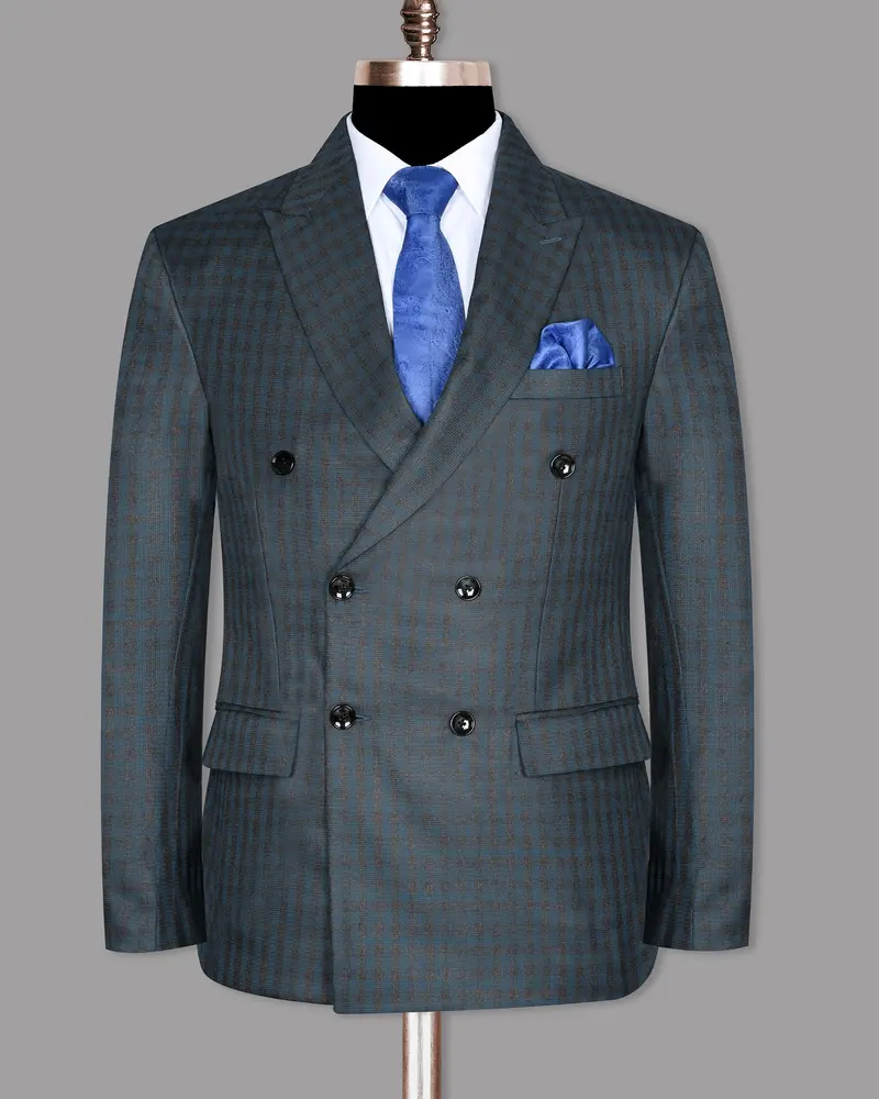 Charcoal With Sapphire Blue Checked Wool Blend Double Breasted Blazer 7