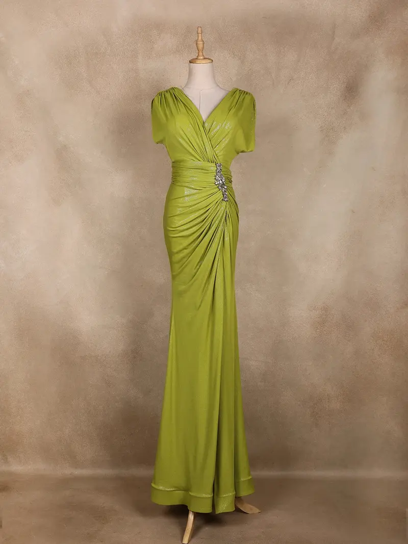 Chartreuse Green Shimmer Draped High Slit Mermaid Gown 1