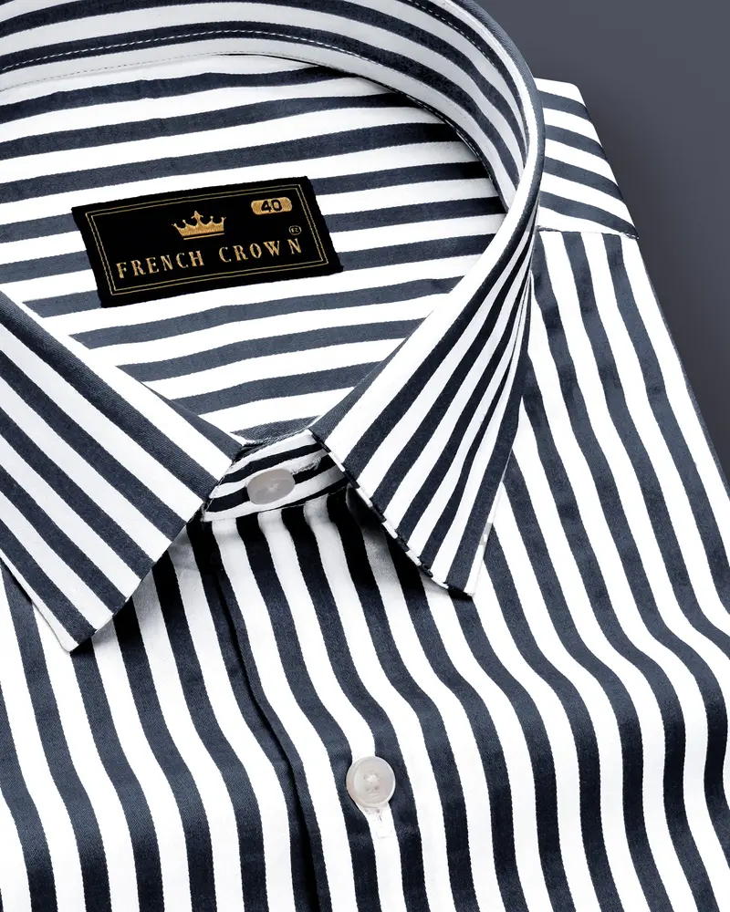 Charvion-Charcoal Gray And Bright White Striped Subtle Sheen Super Soft Premium Cotton Dress Shirt 1