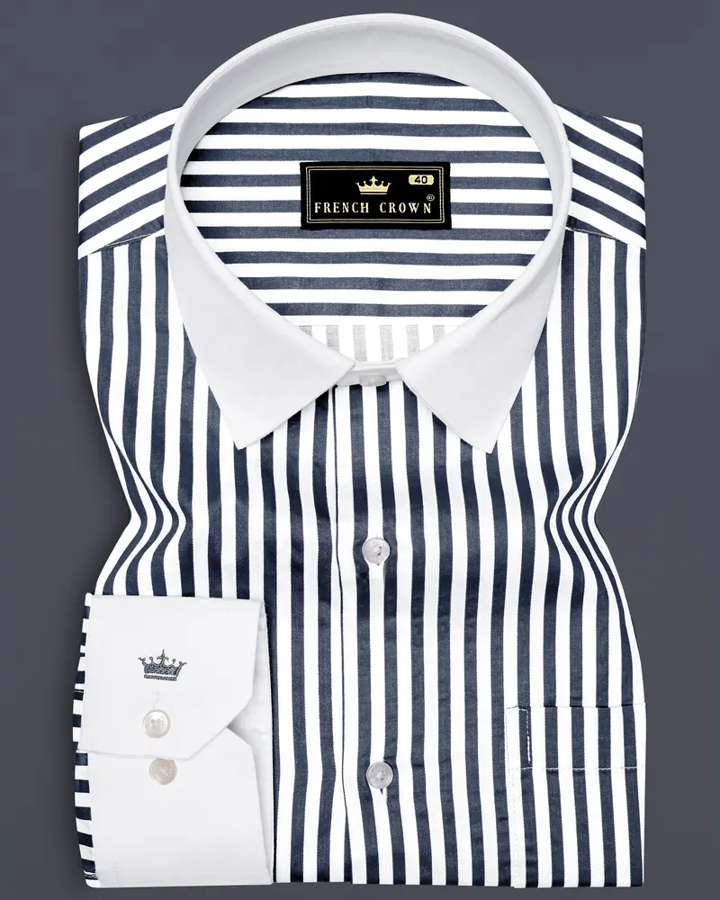 Charvion-Charcoal Gray And Bright White Striped Super Soft Premium Cotton Dress White Cuff Collar Shirt 1
