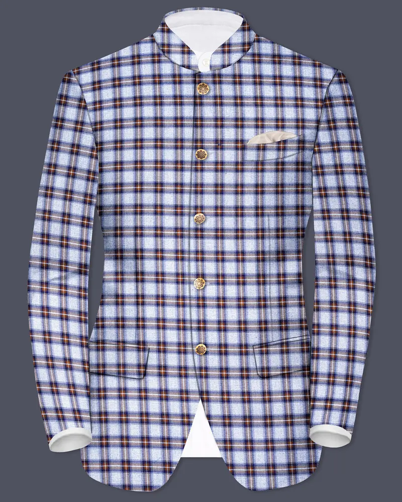 Chateau Blue With Cocoa Brown Plaid Bandhgala Blazer 1