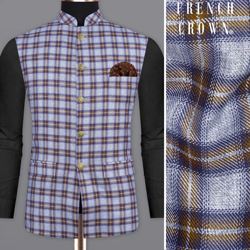 Chateau Blue With Cocoa Brown Plaid Bandhgala Nehru Jacket 1