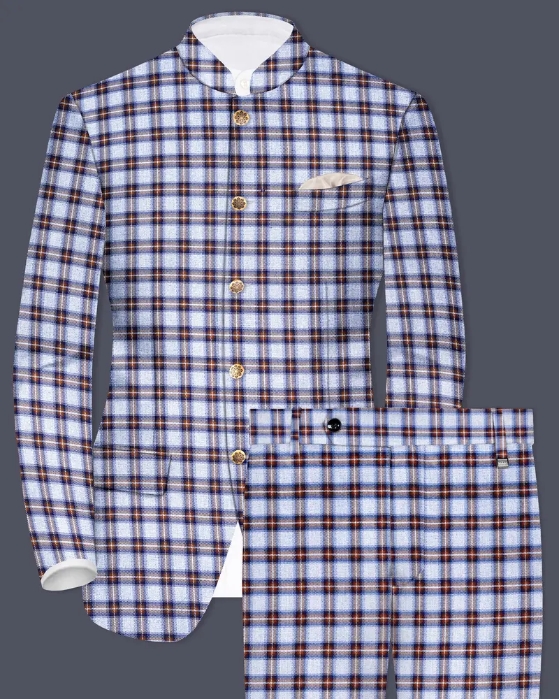 Chateau Blue With Cocoa Brown Plaid Bandhgala Suit 1