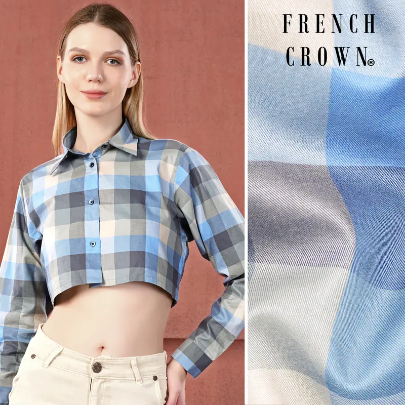 Chateau Gray With Glacier Blue Multicolour Checked Premium Cotton Crop Shirt 1