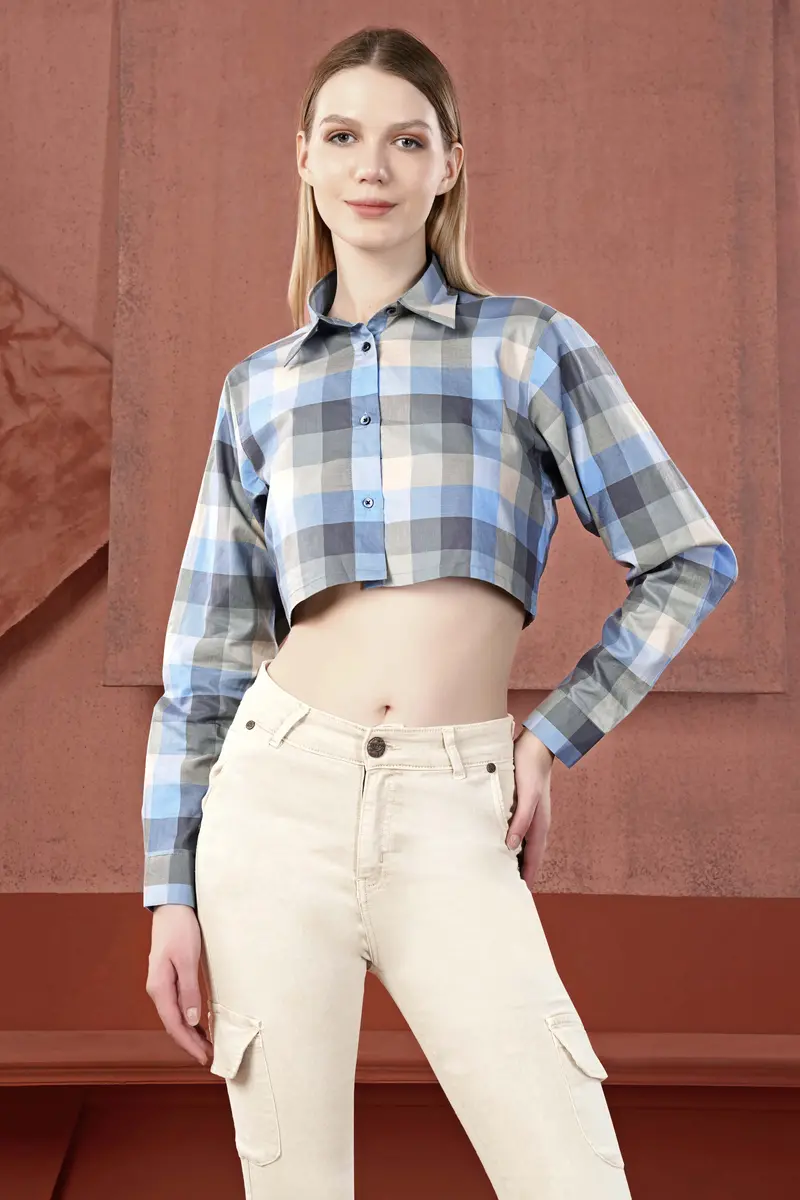 Chateau Gray With Glacier Blue Multicolour Checked Premium Cotton Crop Shirt 2