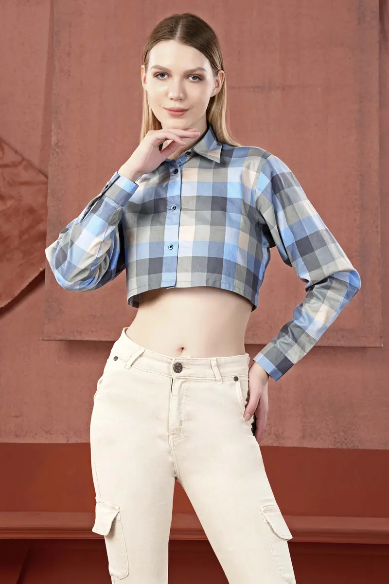 Chateau Gray With Glacier Blue Multicolour Checked Premium Cotton Crop Shirt 4