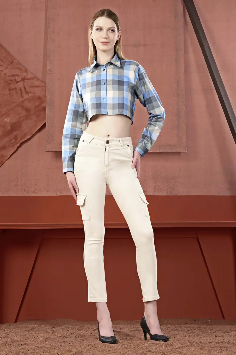 Chateau Gray With Glacier Blue Multicolour Checked Premium Cotton Crop Shirt 5