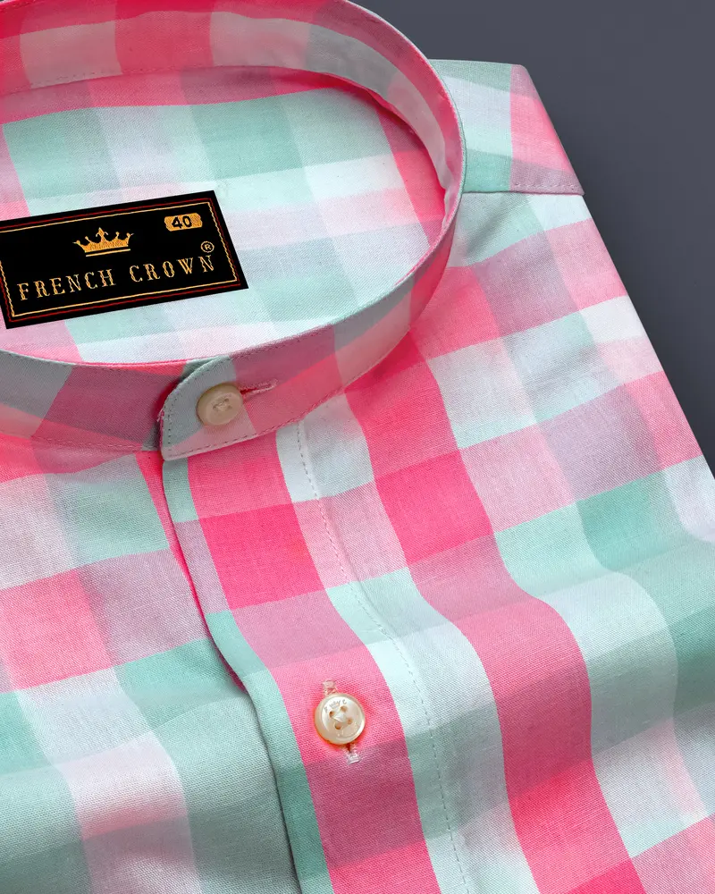 Cherry Blossom Pink And Onahau Sea Blue Plaid  Premium Cotton Kurta Shirt 1