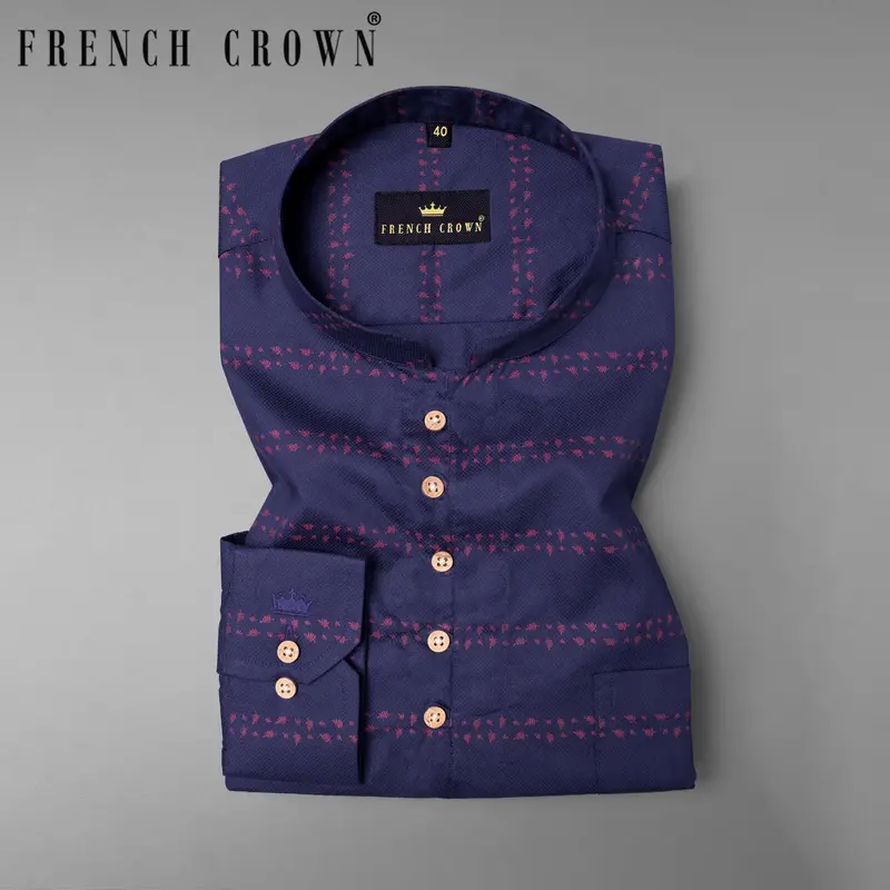 Cherry Pie Blue Leaves Striped Dobby Premium Giza Cotton Kurta Shirt 1