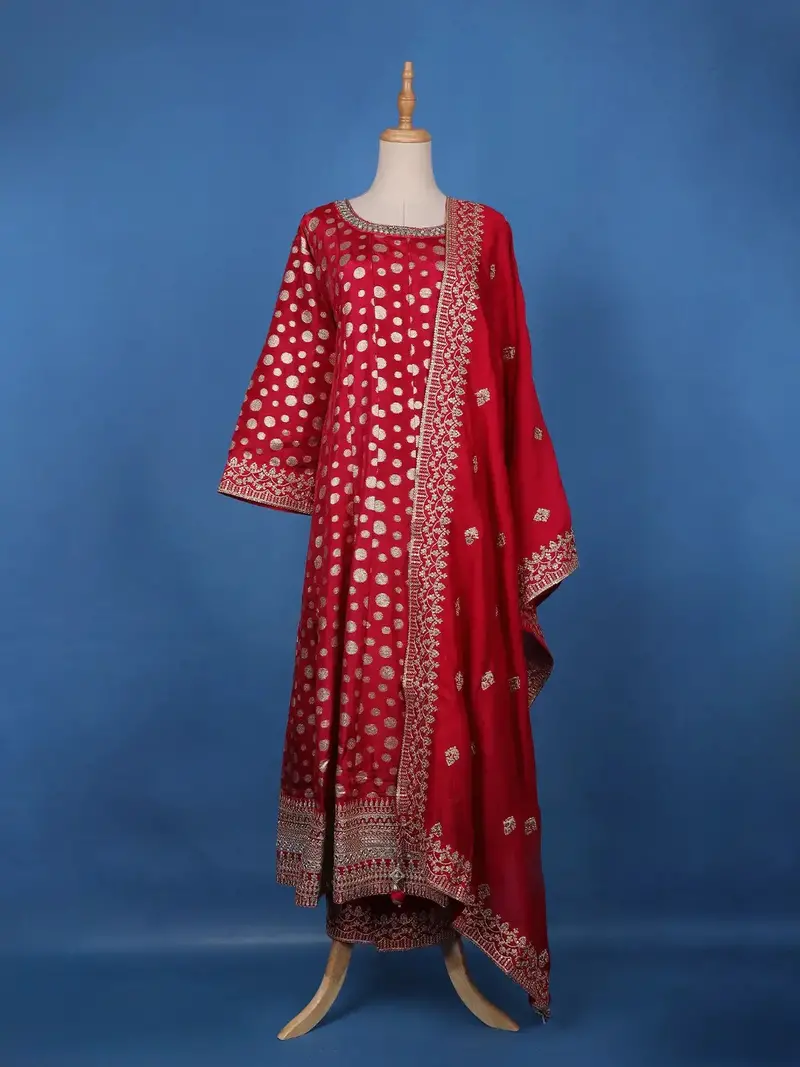 Cherry Red Sequins Embellished Banarasi Salwar Suit 1