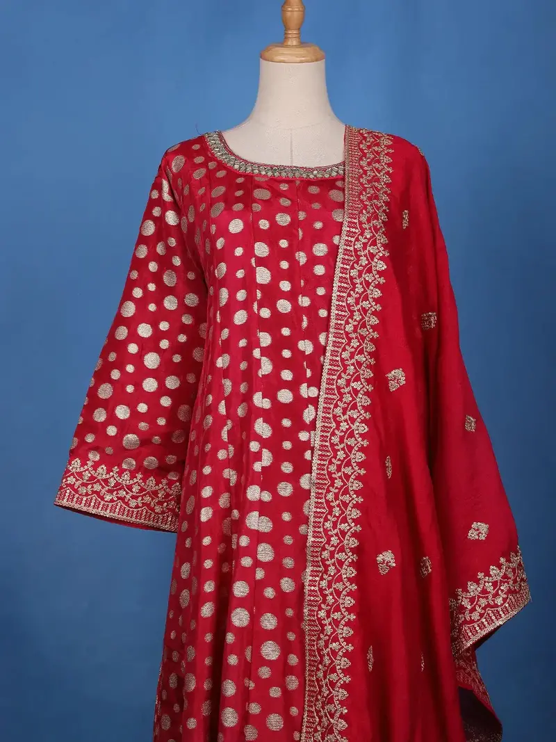 Cherry Red Sequins Embellished Banarasi Salwar Suit 2