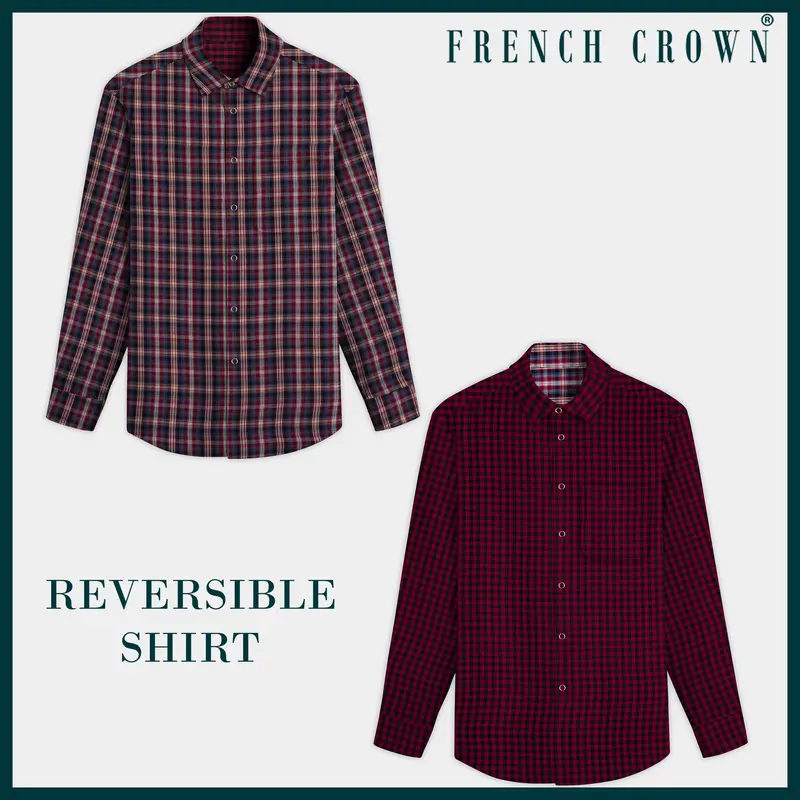 Cherrywood Red And Racing Blue Plaid Herringbone Pattern Premium Giza Cotton Reversible Shirt 1