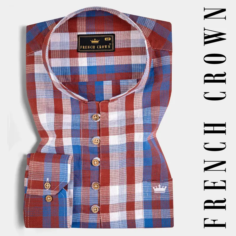 Chestnut Red And Venice Blue Plaid Dobby Textured Premium Giza Cotton Kurta Shirt 1