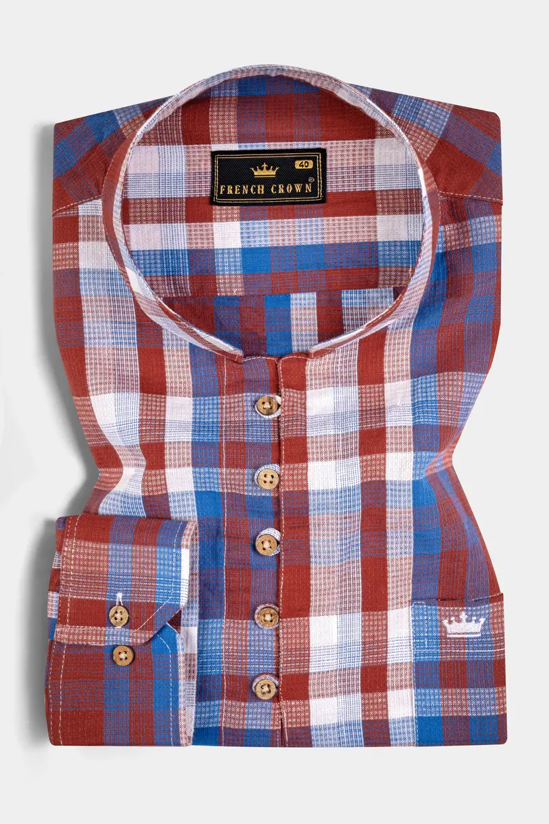 Chestnut Red And Venice Blue Plaid Dobby Textured Premium Giza Cotton Kurta Shirt 2