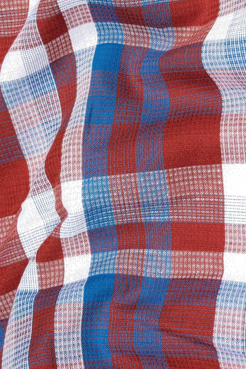 Chestnut Red And Venice Blue Plaid Dobby Textured Premium Giza Cotton Kurta Shirt 3