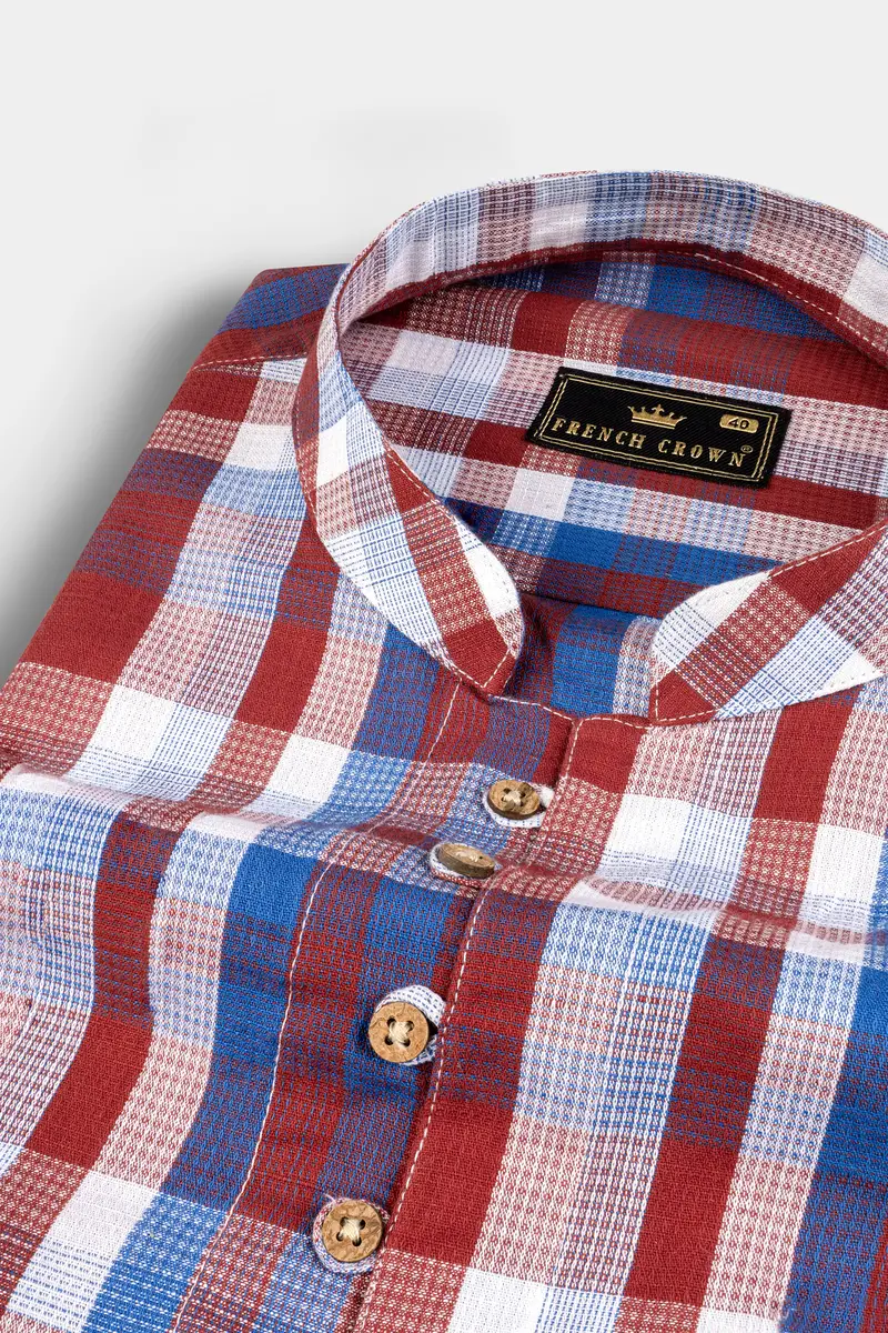 Chestnut Red And Venice Blue Plaid Dobby Textured Premium Giza Cotton Kurta Shirt 4