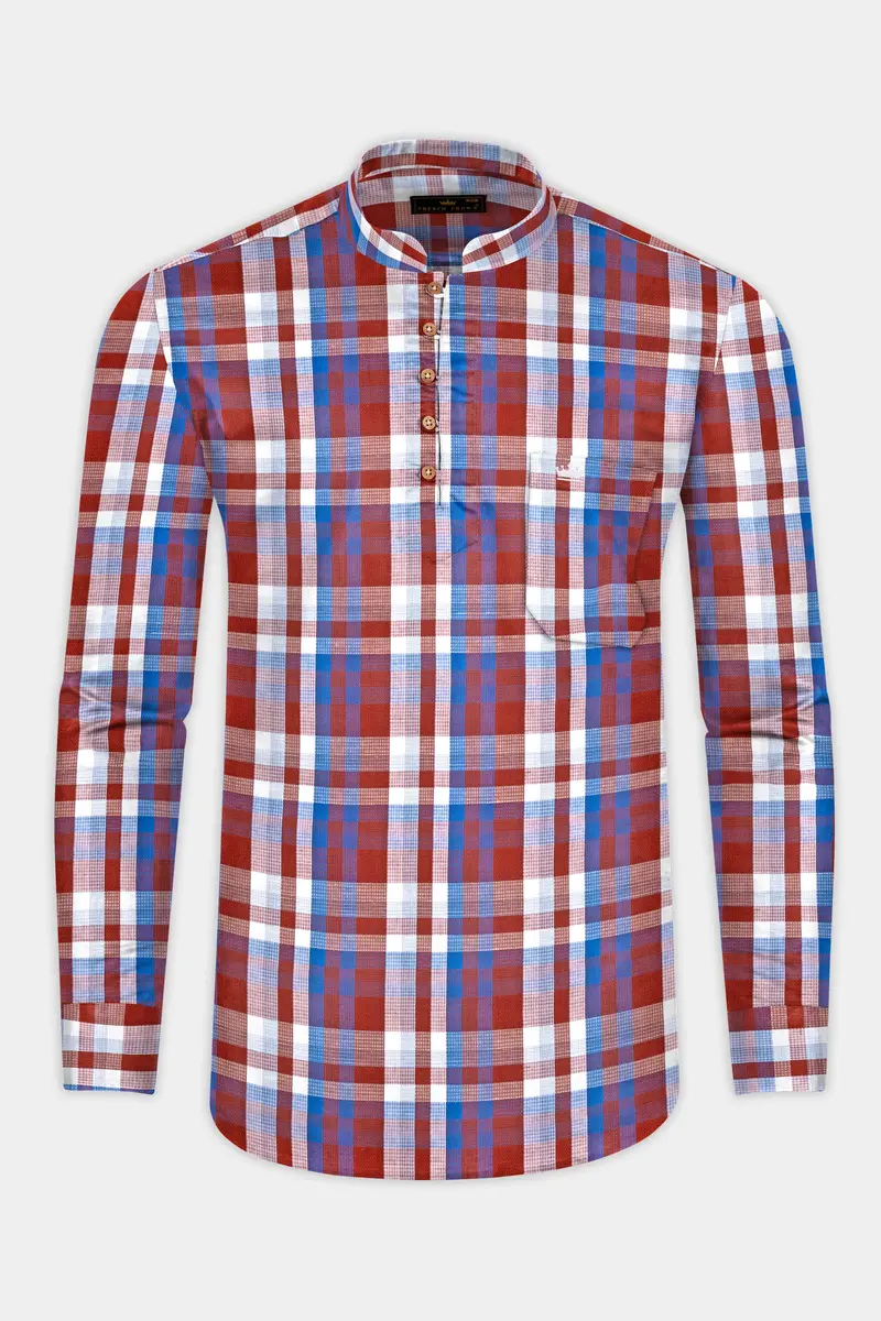Chestnut Red And Venice Blue Plaid Dobby Textured Premium Giza Cotton Kurta Shirt 5