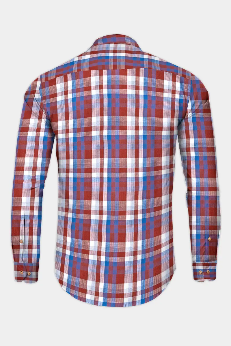 Chestnut Red And Venice Blue Plaid Dobby Textured Premium Giza Cotton Kurta Shirt 6