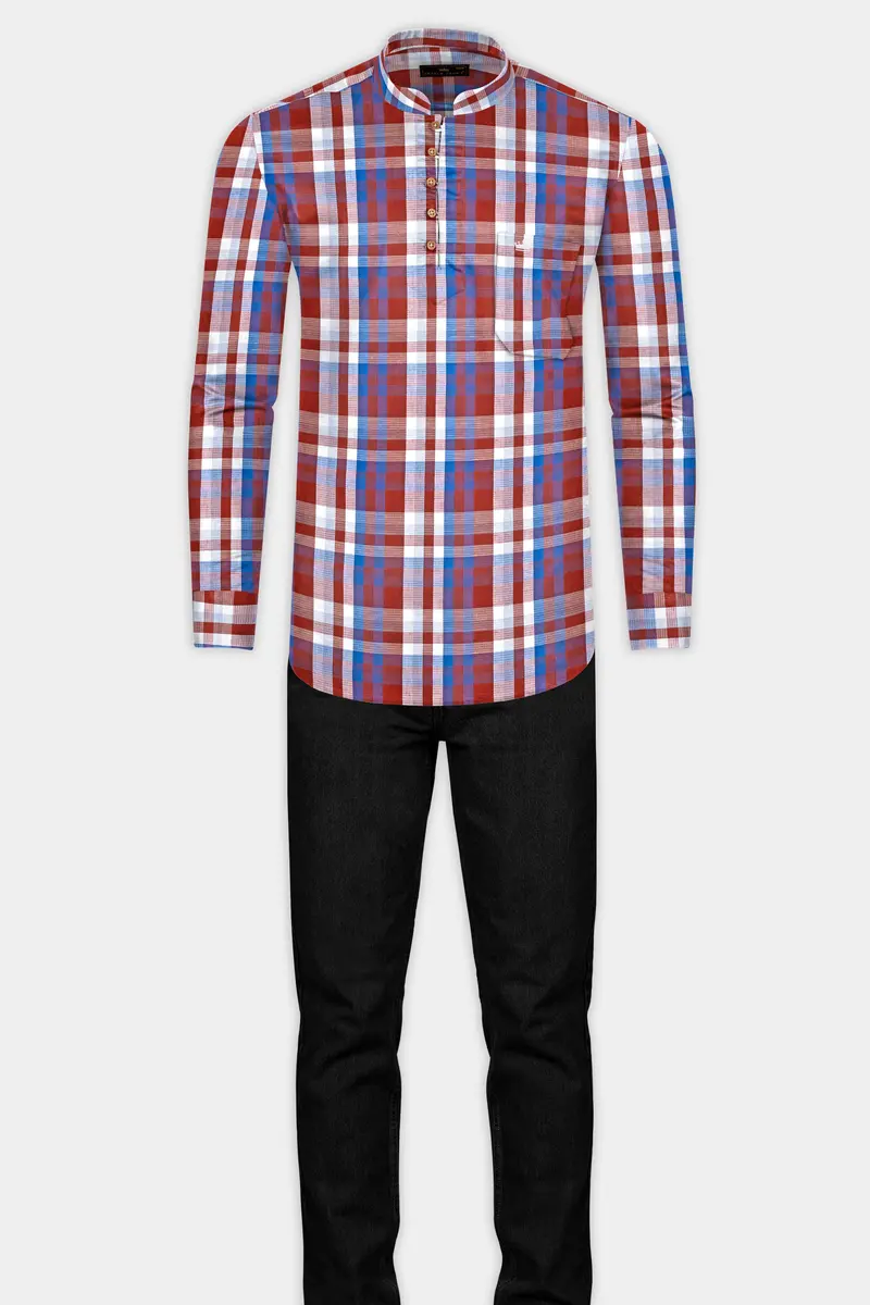 Chestnut Red And Venice Blue Plaid Dobby Textured Premium Giza Cotton Kurta Shirt 7