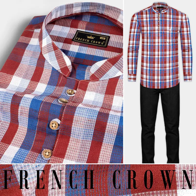 Chestnut Red And Venice Blue Plaid Dobby Textured Premium Giza Cotton Kurta Shirt 8