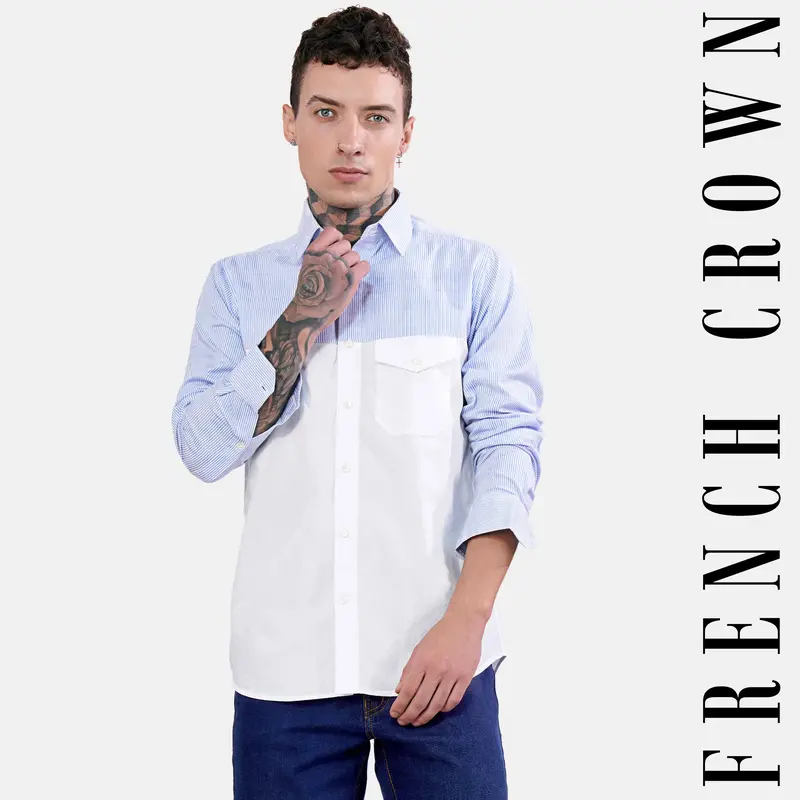 Chetwode Blue Striped And Bright White Striped Premium Cotton Designer Shirt 1