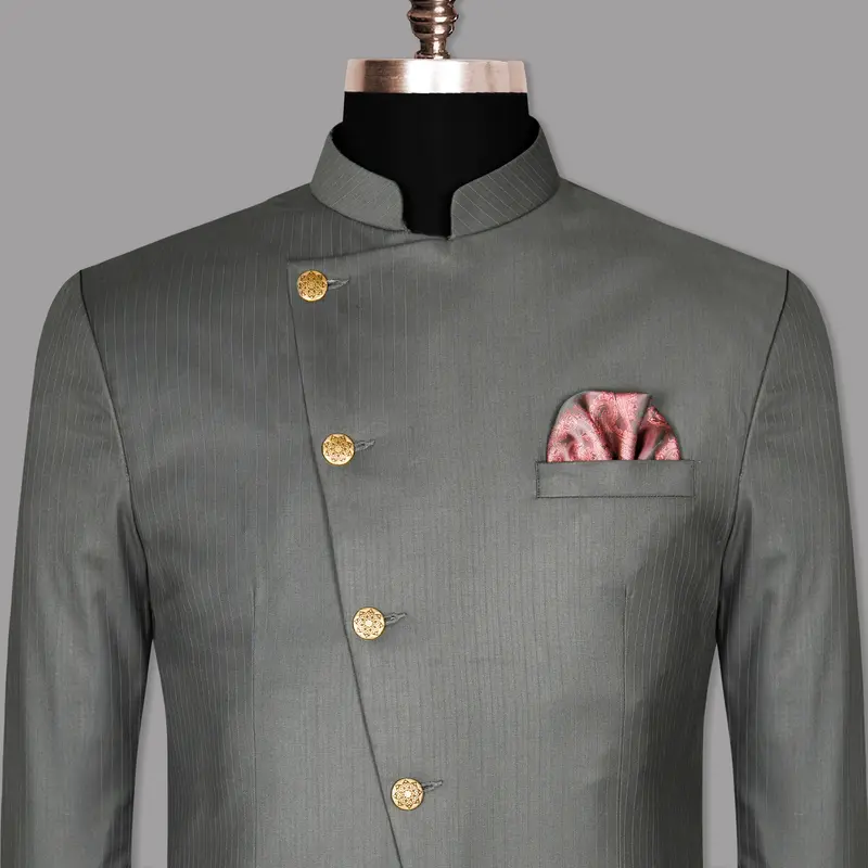 Chicago Gray Subtle Striped Cross Placket Bandhgala/Mandarin Blazer 1