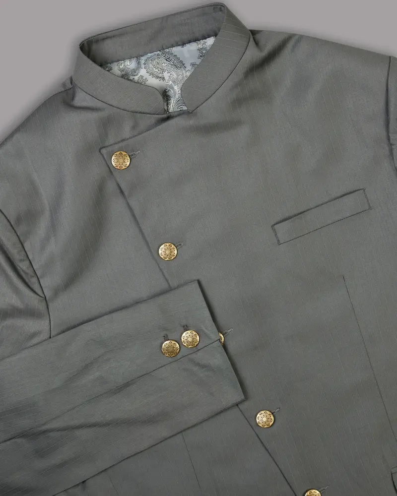 Chicago Gray Subtle Striped Cross Placket Bandhgala/Mandarin Blazer 10