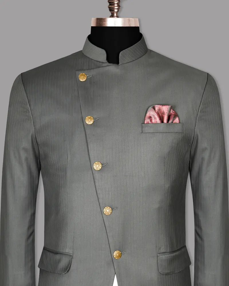 Chicago Gray Subtle Striped Cross Placket Bandhgala/Mandarin Blazer 2