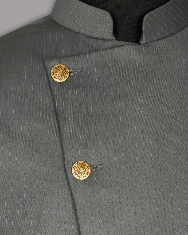 Chicago Gray Subtle Striped Cross Placket Bandhgala/Mandarin Blazer 4