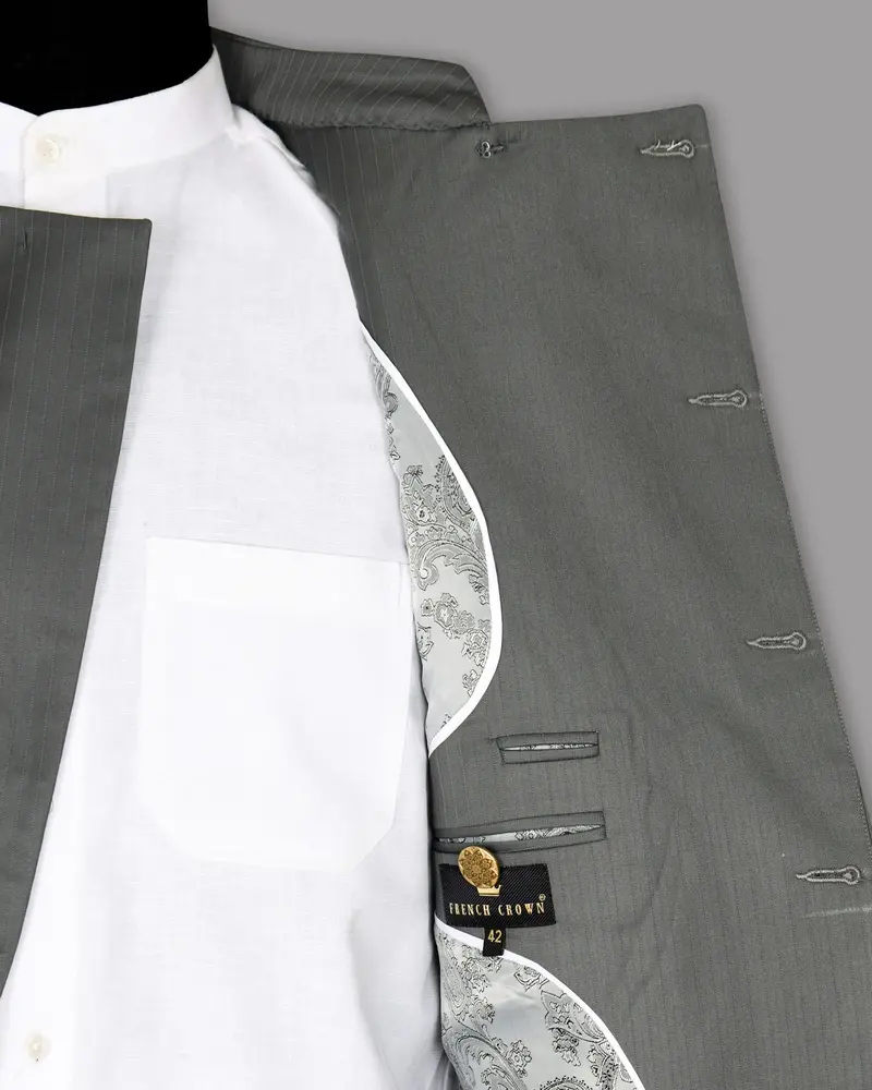 Chicago Gray Subtle Striped Cross Placket Bandhgala/Mandarin Blazer 6