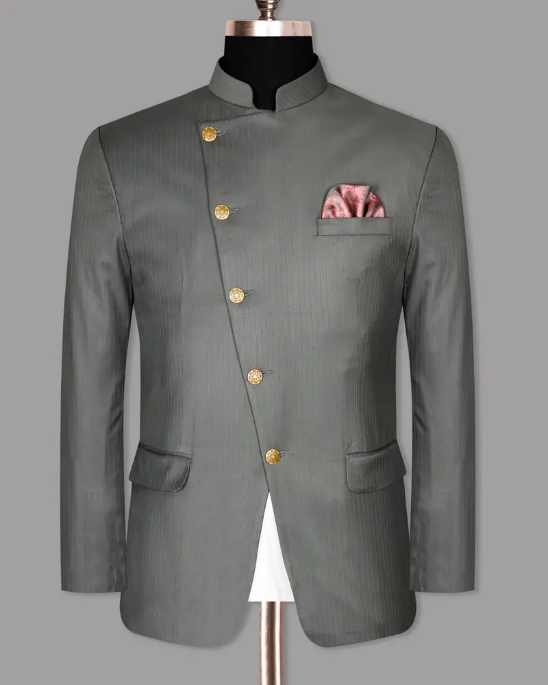 Chicago Gray Subtle Striped Cross Placket Bandhgala/Mandarin Blazer 7