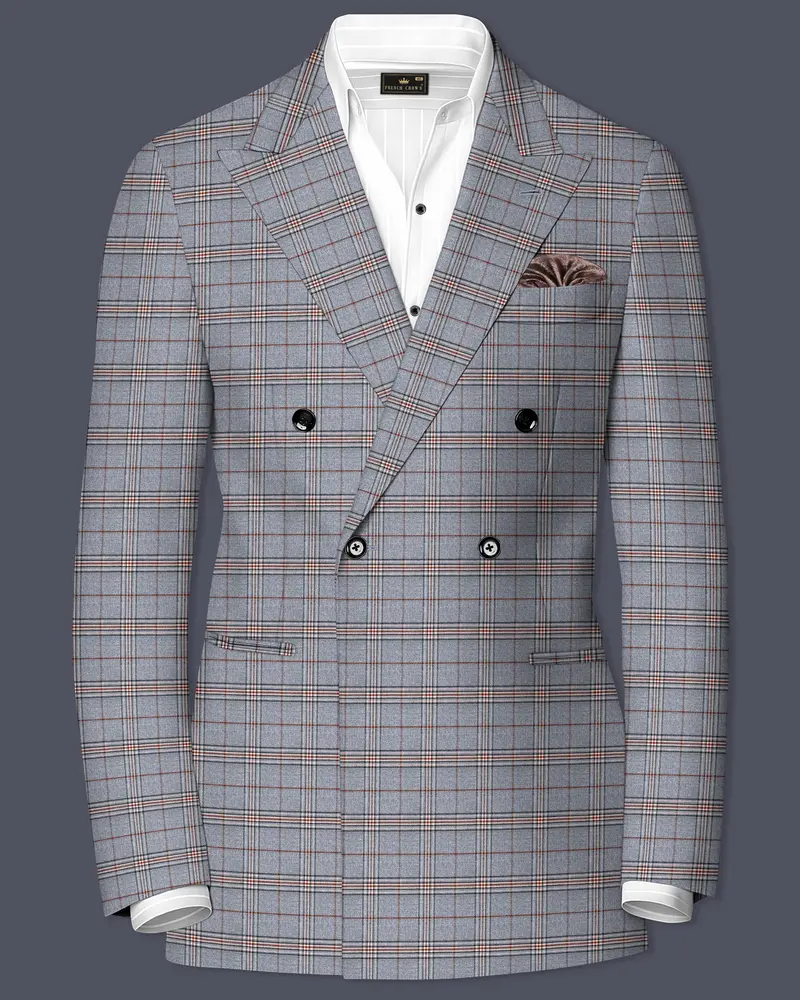 Chicago Gray Super Fine Plaid Double Breasted Wool Rich Blazer 1