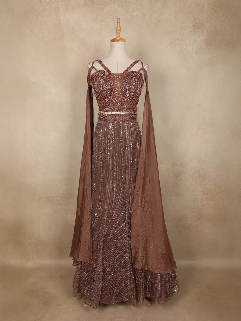 Chocolate Brown Sequins And Bead Embroidered Net Mermaid Lehenga Set 1