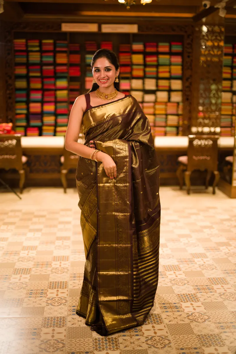 Chocolate Brown Striped Woven Design Pure Kanchipuram Silk Saree With Zari Border 1