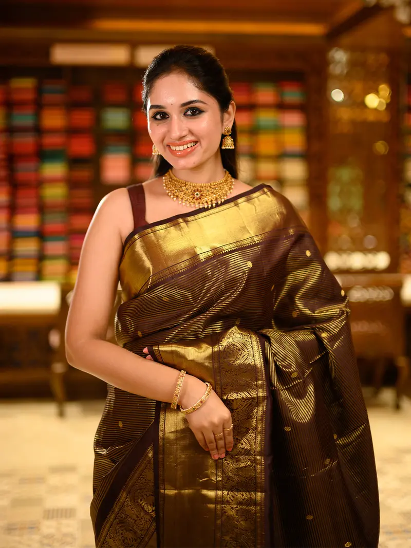 Chocolate Brown Striped Woven Design Pure Kanchipuram Silk Saree With Zari Border 2