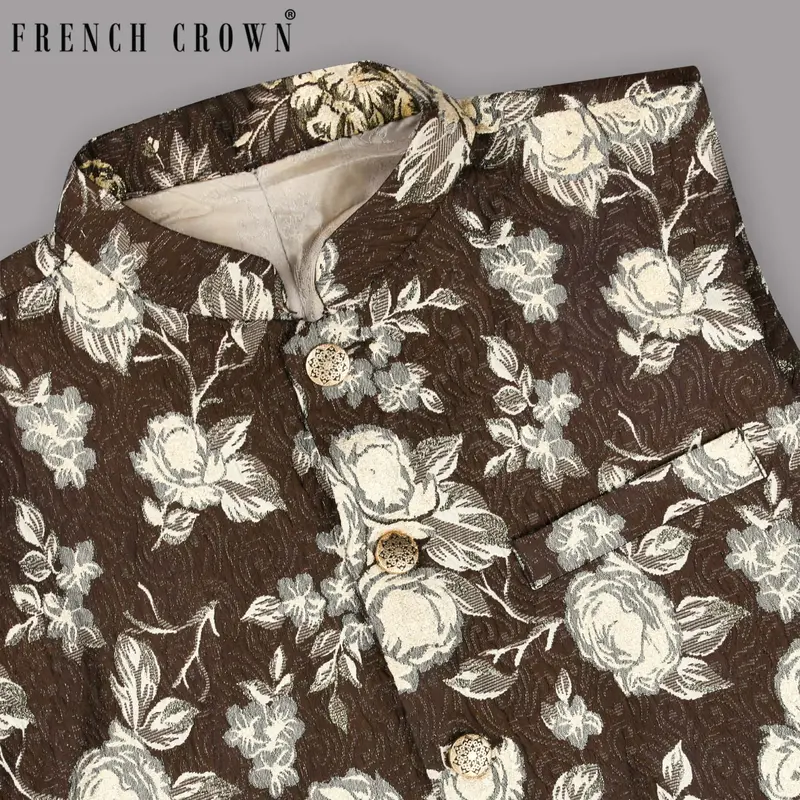 Chocolate Brown With Metal Threading Jacquard Designer Nehru Jacket 1