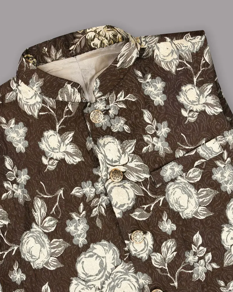 Chocolate Brown With Metal Threading Jacquard Designer Nehru Jacket 2