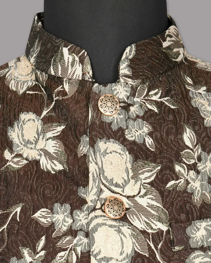 Chocolate Brown With Metal Threading Jacquard Designer Nehru Jacket 4