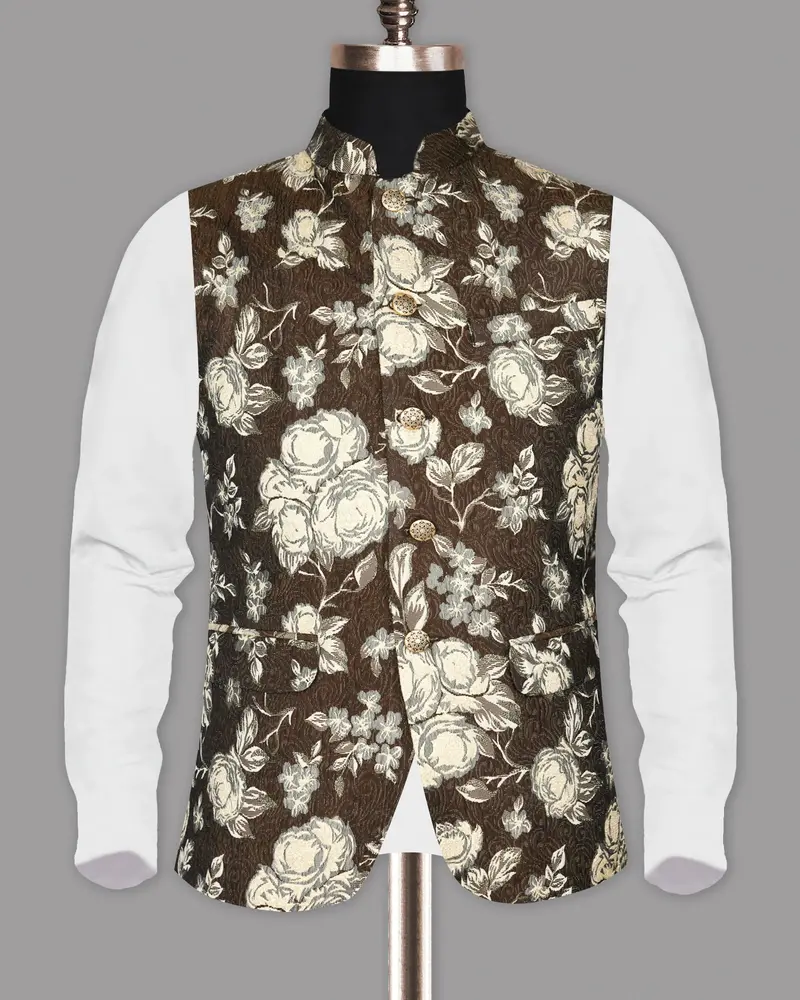 Chocolate Brown With Metal Threading Jacquard Designer Nehru Jacket 5