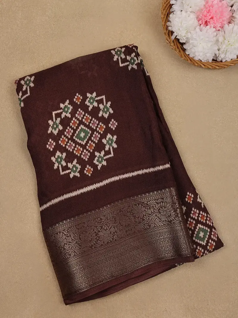 Chocolate Maroon Geometric Ikat Patterned Cotton Saree 1