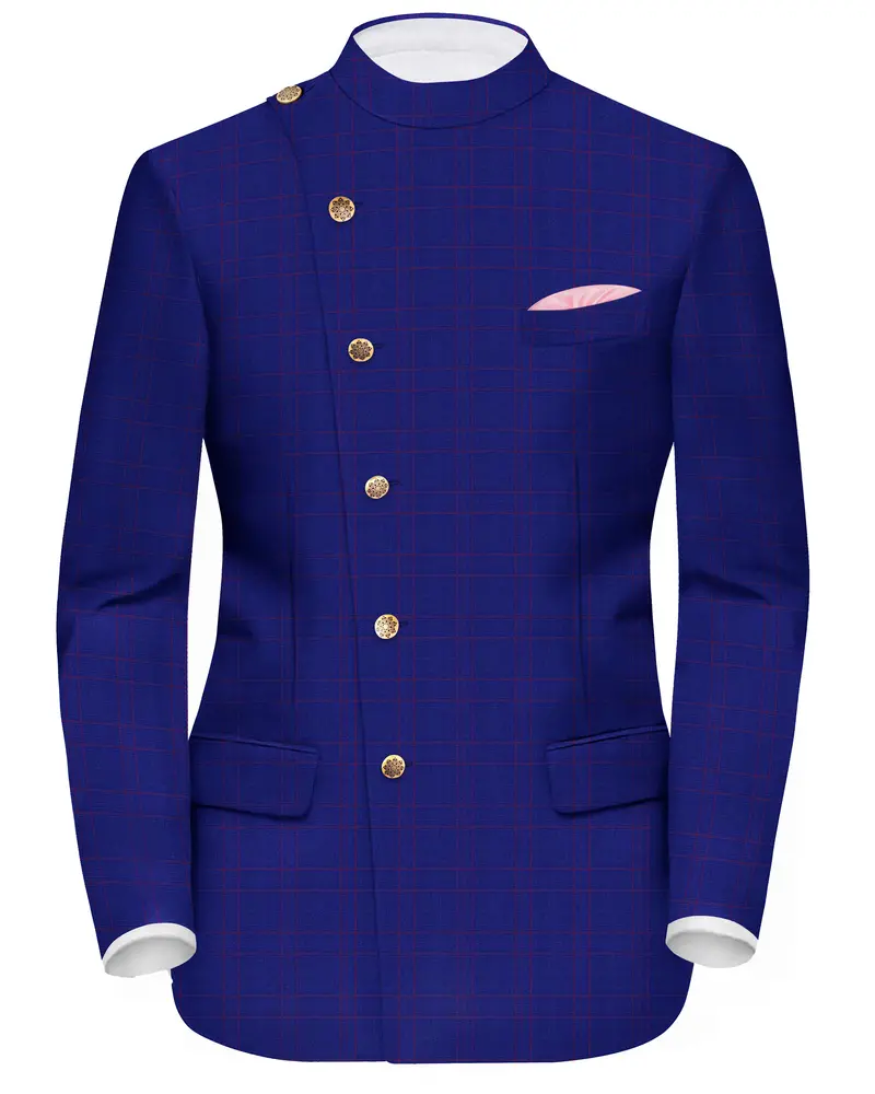 Christalle Blue With Fuchsia Pink Windoepane Cross Placket Bandhgala Blazer 1