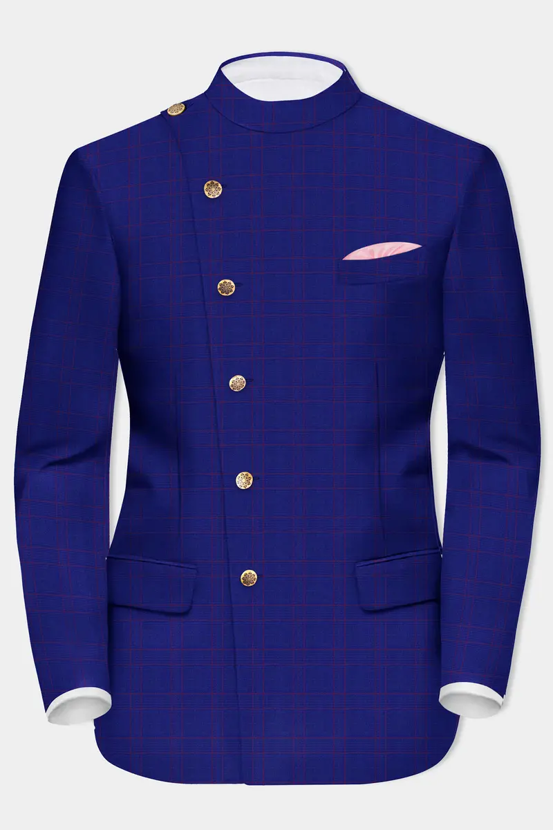 Christalle Blue With Fuchsia Pink Windoepane Cross Placket Bandhgala Blazer 2