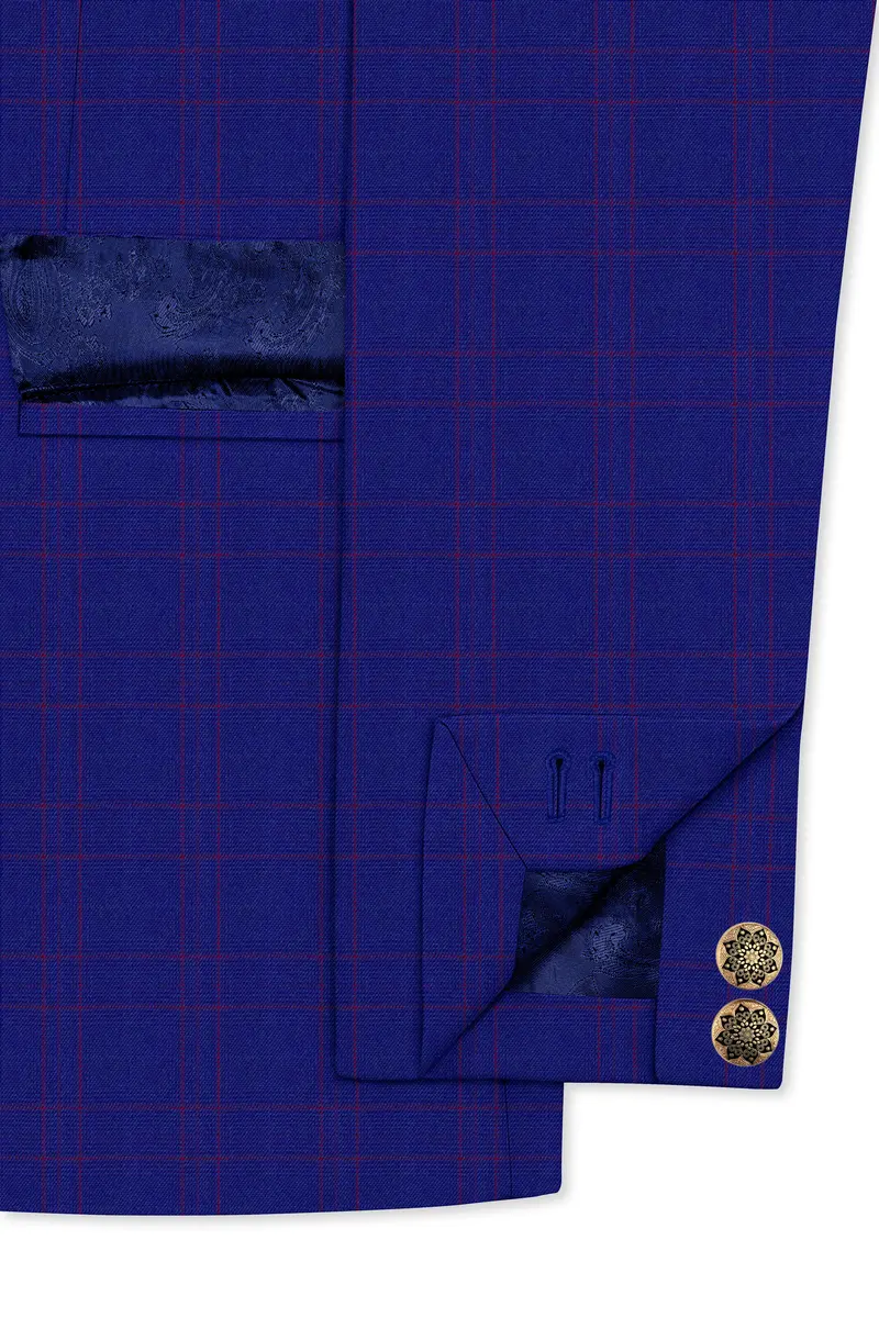 Christalle Blue With Fuchsia Pink Windoepane Cross Placket Bandhgala Blazer 5