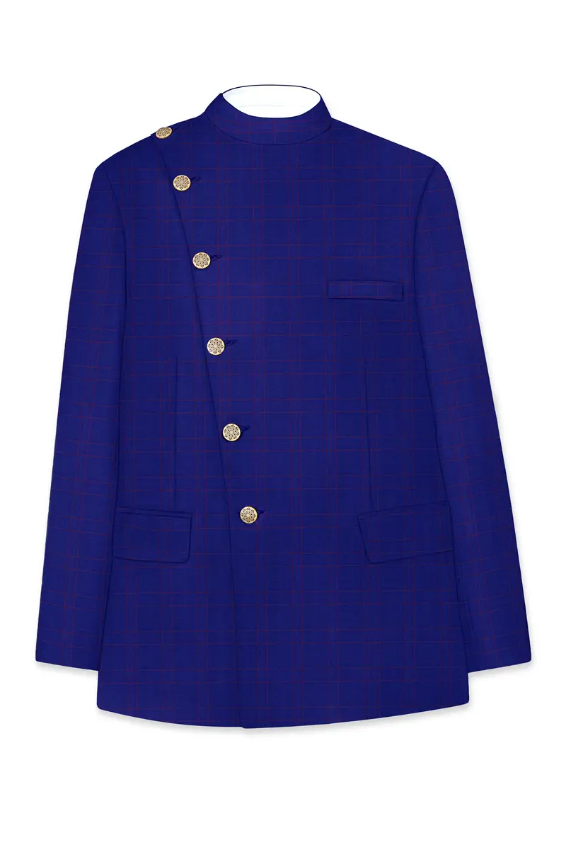Christalle Blue With Fuchsia Pink Windoepane Cross Placket Bandhgala Blazer 6