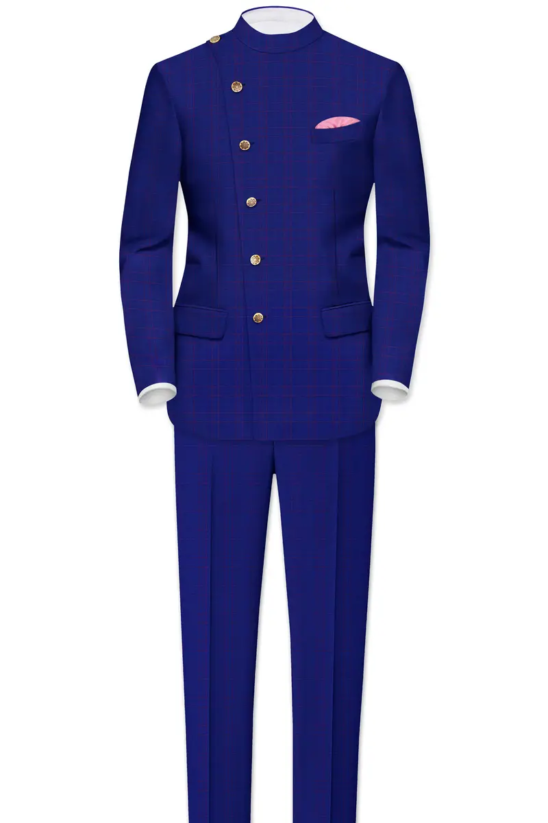 Christalle Blue With Fuchsia Pink Windoepane Cross Placket Bandhgala Blazer 8