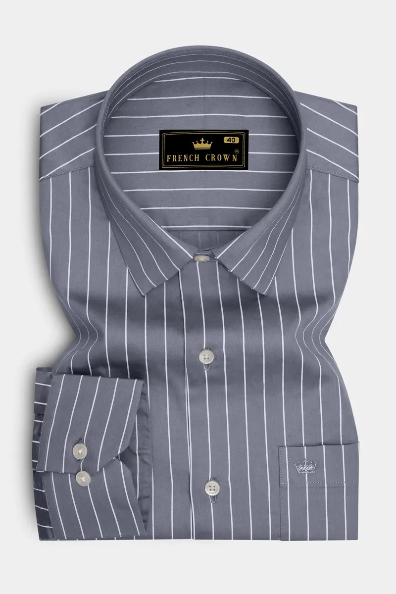 Chrome-Storm Gray And Bright White Pin Striped Subtle Sheen Super Soft Premium Cotton Dress Shirt 4