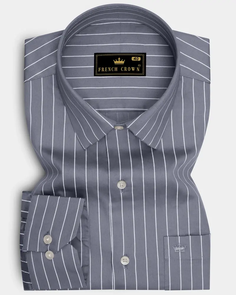 Chrome-Storm Gray And Bright White Pin Striped Subtle Sheen Super Soft Premium Cotton Dress Shirt 6