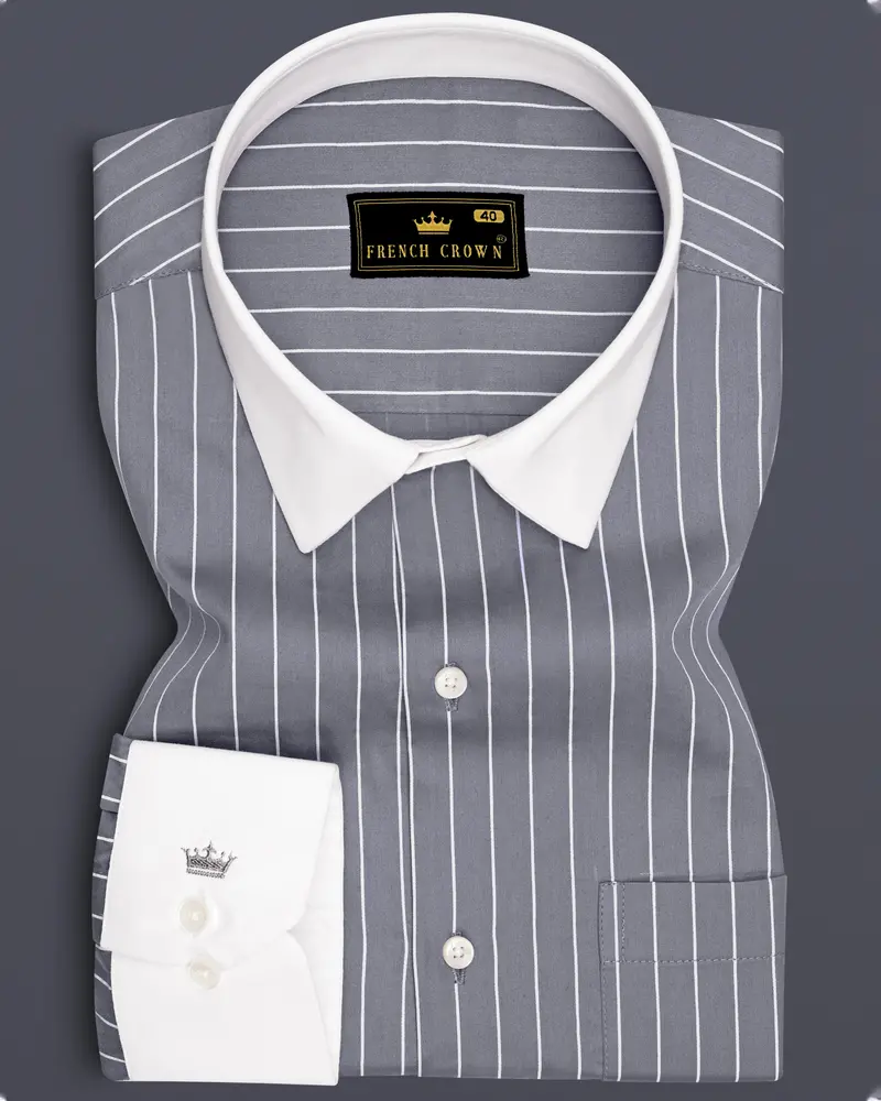 Chrome-Storm Gray And Bright White Pin Striped Super Soft Premium Cotton Dress White Cuff Collar Shirt 1